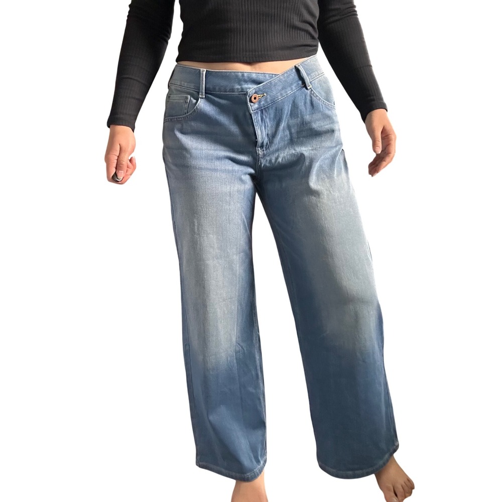 Halara Flex Denim Pants Womens 14 Light Blue Crossover Waist Wide Leg Stretch